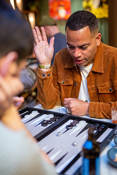 Doc Brown playing backgammon